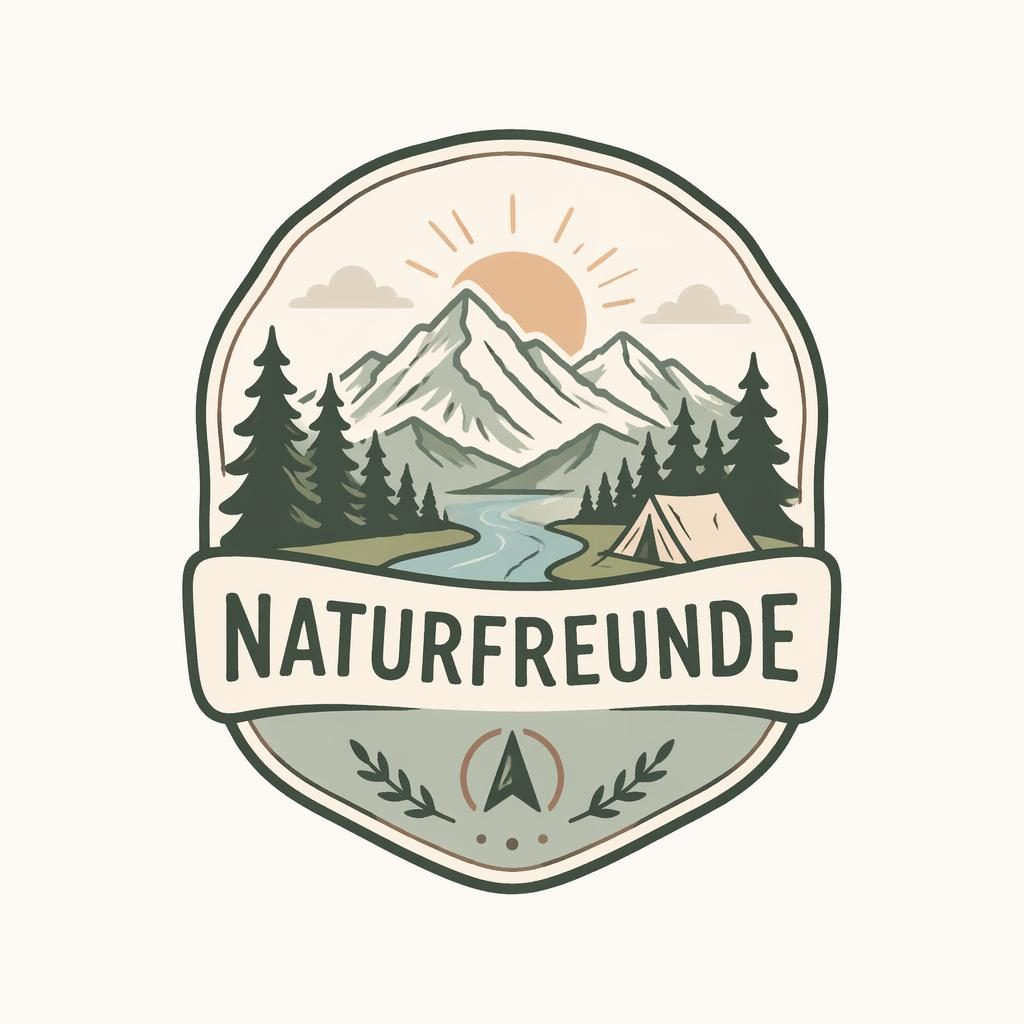 Zentriertes handgezeichnetes Outdoor-Emblem in sanften Pastelltönen auf neutralem Hintergrund, mit passender Typografie