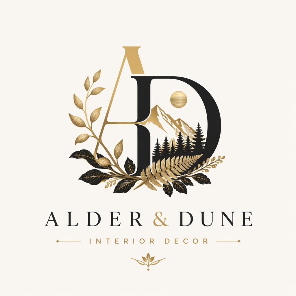 Centered black and gold lettermark logo with botanical illustration details on a neutral background, luxury vector style.