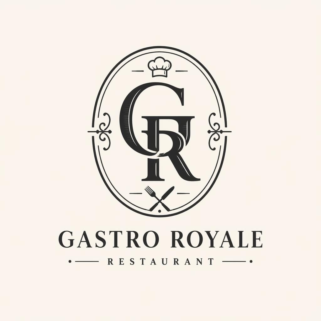 Zentriertes Vintage-Monogramm-Logo in eleganter Schwarzweiß-Optik für Food- und Restaurantmarke auf neutralem Hintergrund.
