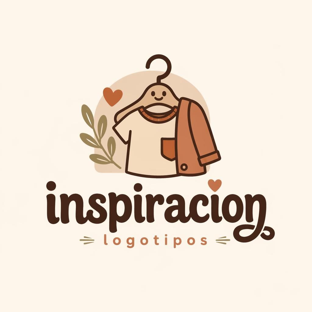 Concepto de logotipo centrado para moda con wordmark e icono cartoon en tonos tierra cálidos sobre fondo neutro.