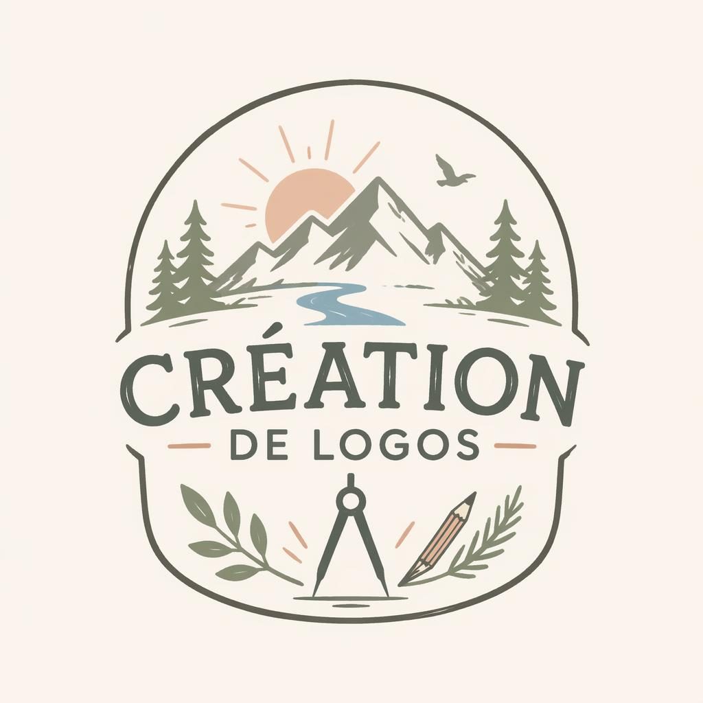 Logo emblème outdoor dessiné à la main, palette pastel douce, typographie assortie, centré sur fond neutre