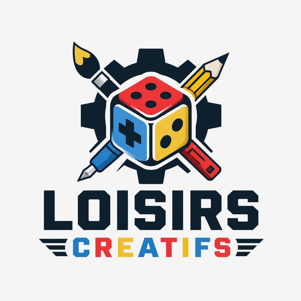 Concept de logo vectoriel centré pour logo loisirs creatifs, avec mot-symbole et icône gaming aux couleurs primaires.