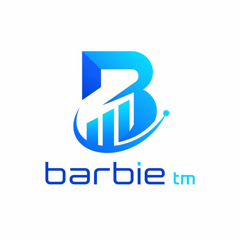 Abstract blue and cyan fintech logo symbol with matching Barbie TM wordmark, centered on a neutral background.