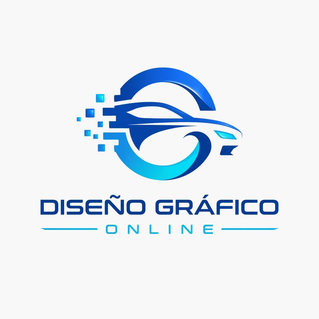 Logo abstracto futurista en azul y cian para diseño gráfico online, centrado sobre fondo neutro con tipografía moderna.
