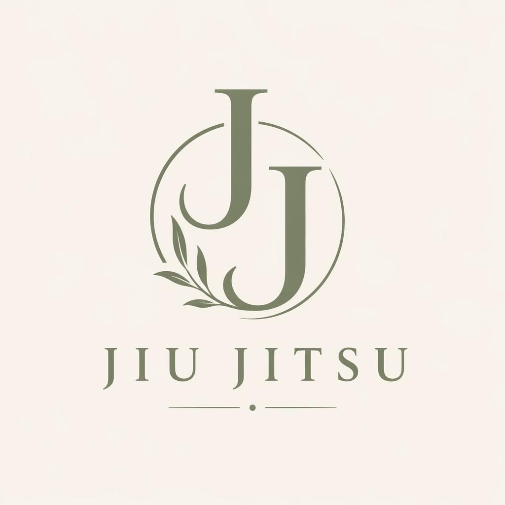 Centered monogram logo concept for a jiu jitsu non-profit in elegant serif type, sage and cream on a neutral background.
