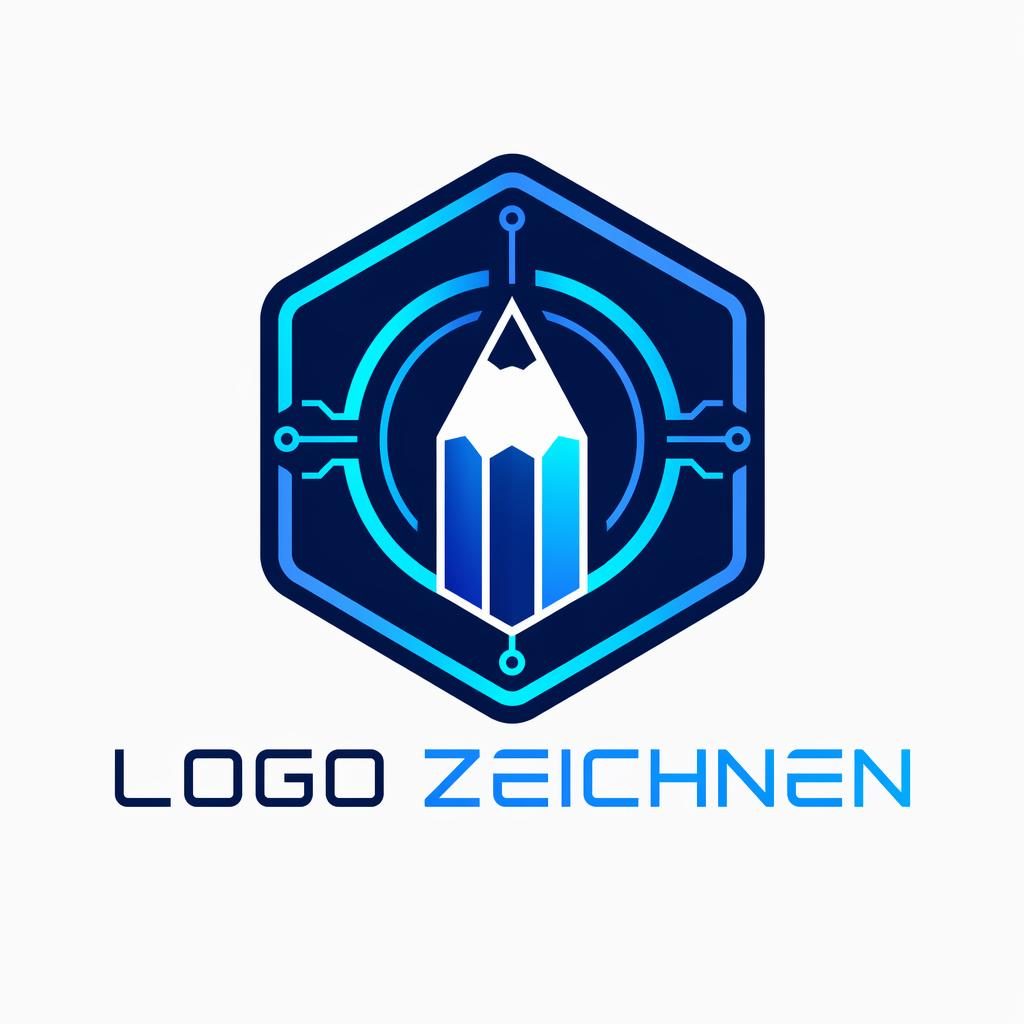 Zentriertes futuristisches Emblem-Logo in Blau und Cyan auf neutralem Hintergrund, mit passender Startup-Typografie