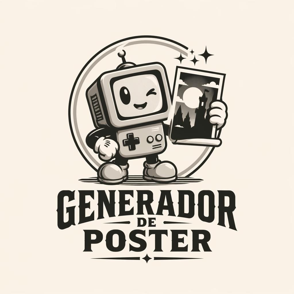 Logo de mascota para generador de poster, estilo vintage retro monocromo, centrado sobre fondo neutro.