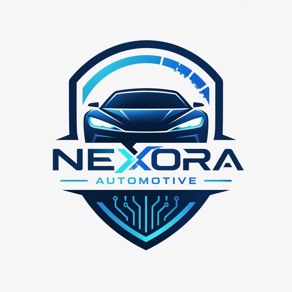 Concepto de logo emblema automotriz futurista en azul y cian, centrado sobre fondo neutro con tipografía tecnológica