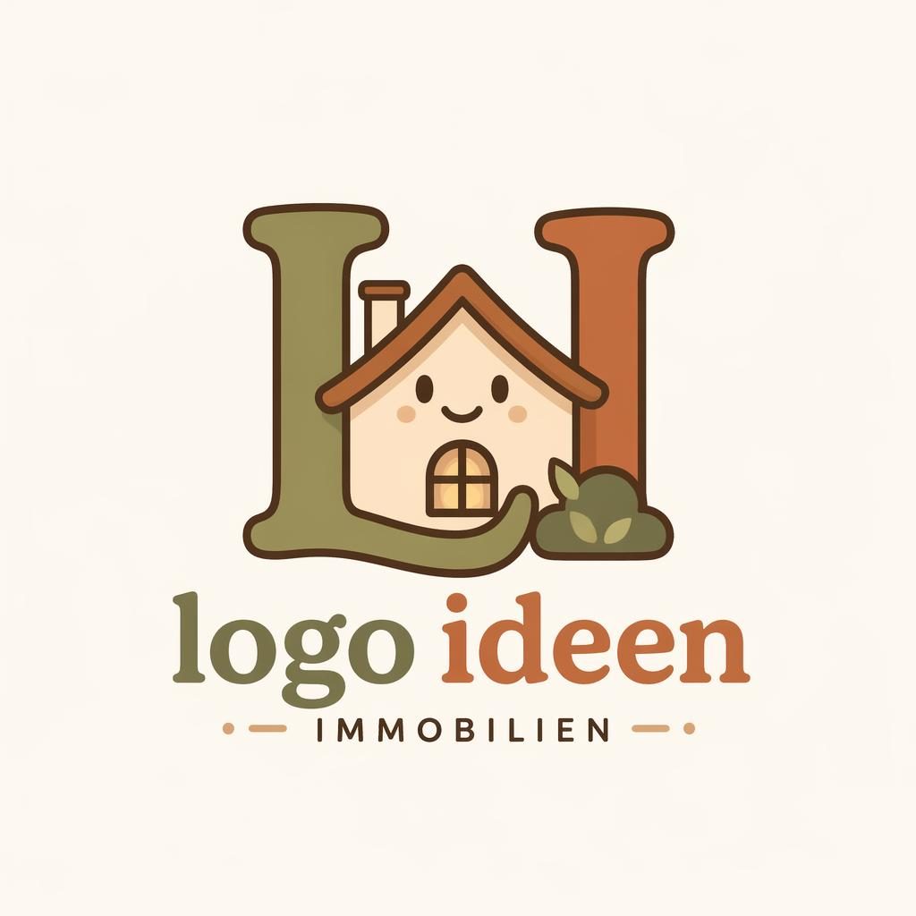Zentriertes Monogramm-Logo für Immobilien in verspieltem Cartoon-Stil, warmen Erdtönen, auf neutralem Hintergrund.
