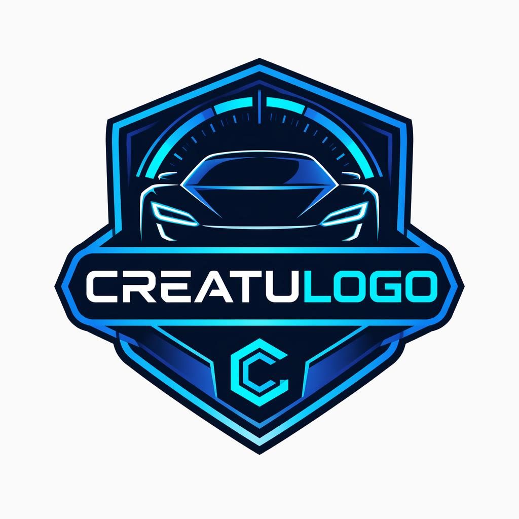 Concepto de logo tipo emblema para creatulogo, en azul y cian, estilo tecnológico futurista sobre fondo neutro.