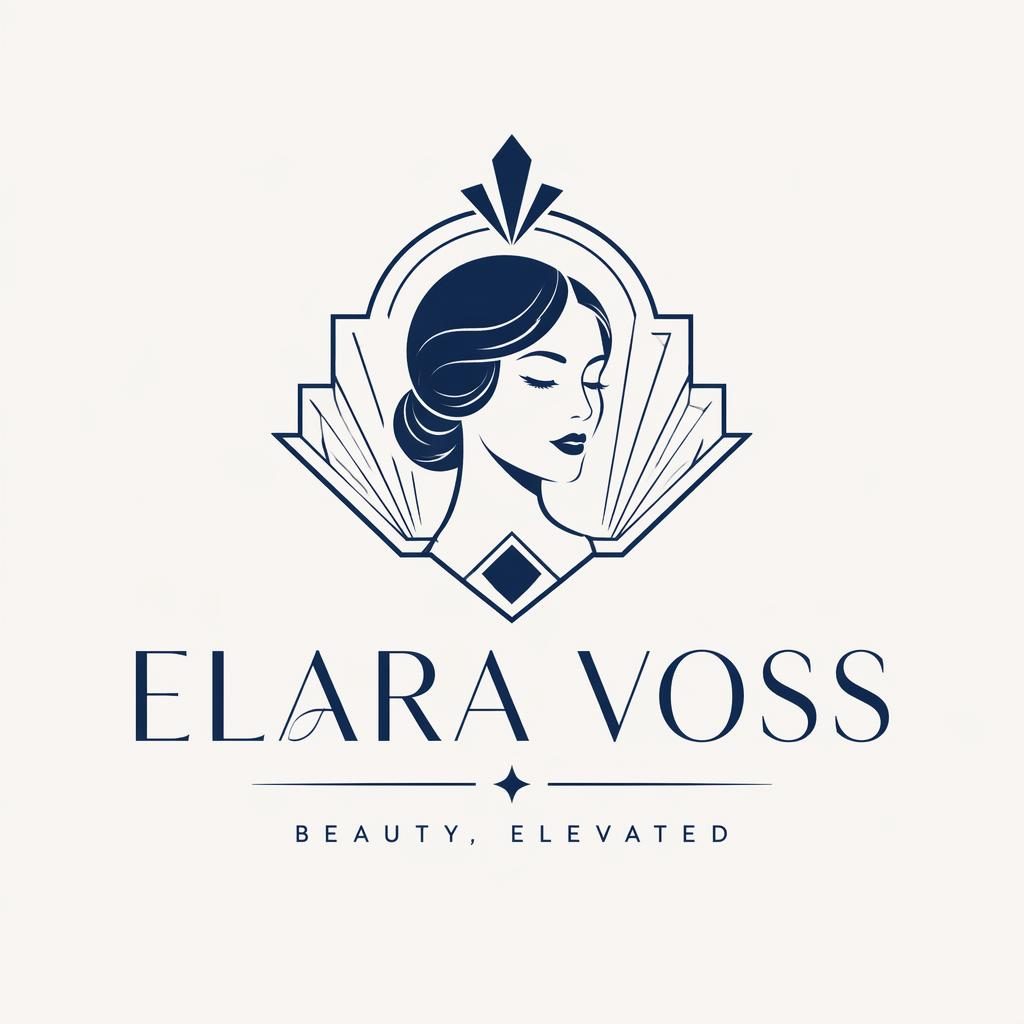 Art deco luxury beauty logo concept with navy and white wordmark and icon, centered on a neutral background.