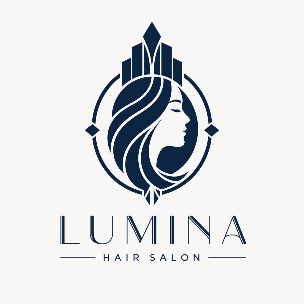 Abstract symbol logo concept for a non-profit hair salon brand, with matching navy and white art deco typography on a neutral background.