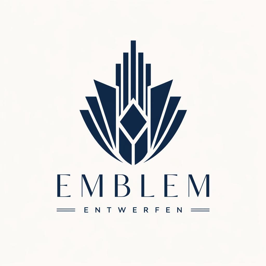 Abstraktes Art-Déco-Logo in Navy und Weiß, zentriert auf neutralem Hintergrund mit passender Typografie