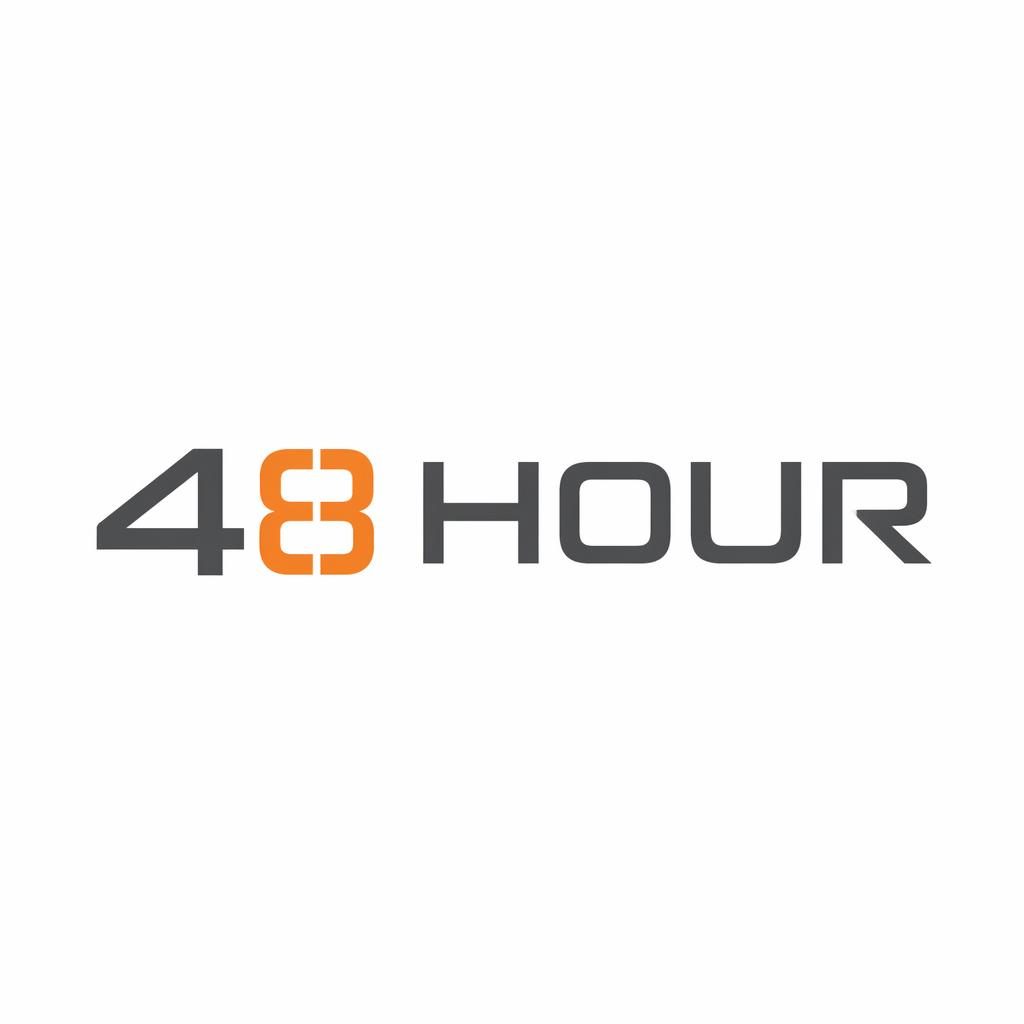 Modern minimalist wordmark logo reading 48 hour in gray and orange on a neutral background, centered square layout.