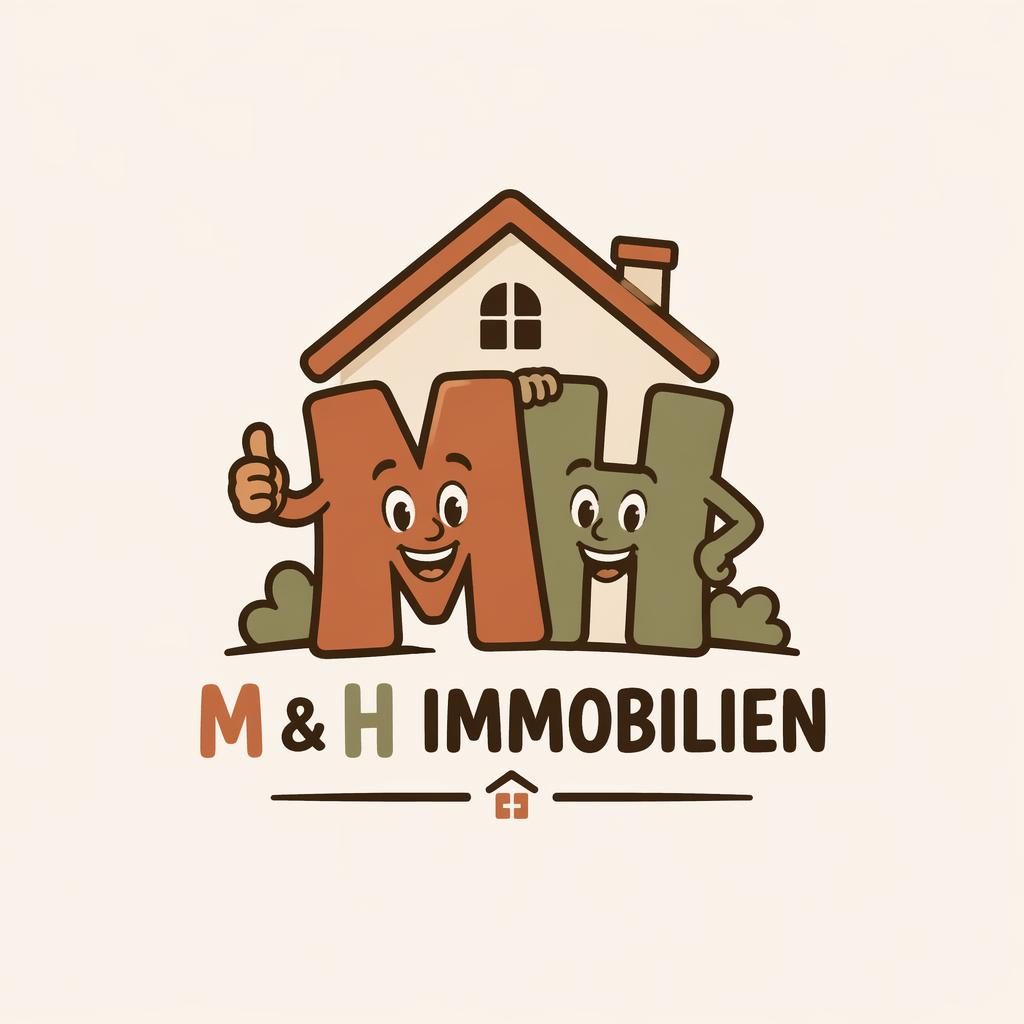 Verspieltes Monogramm-Logo für Immobilien in warmen Erdtönen, zentriert auf neutralem Hintergrund im sauberen Vektorstil.
