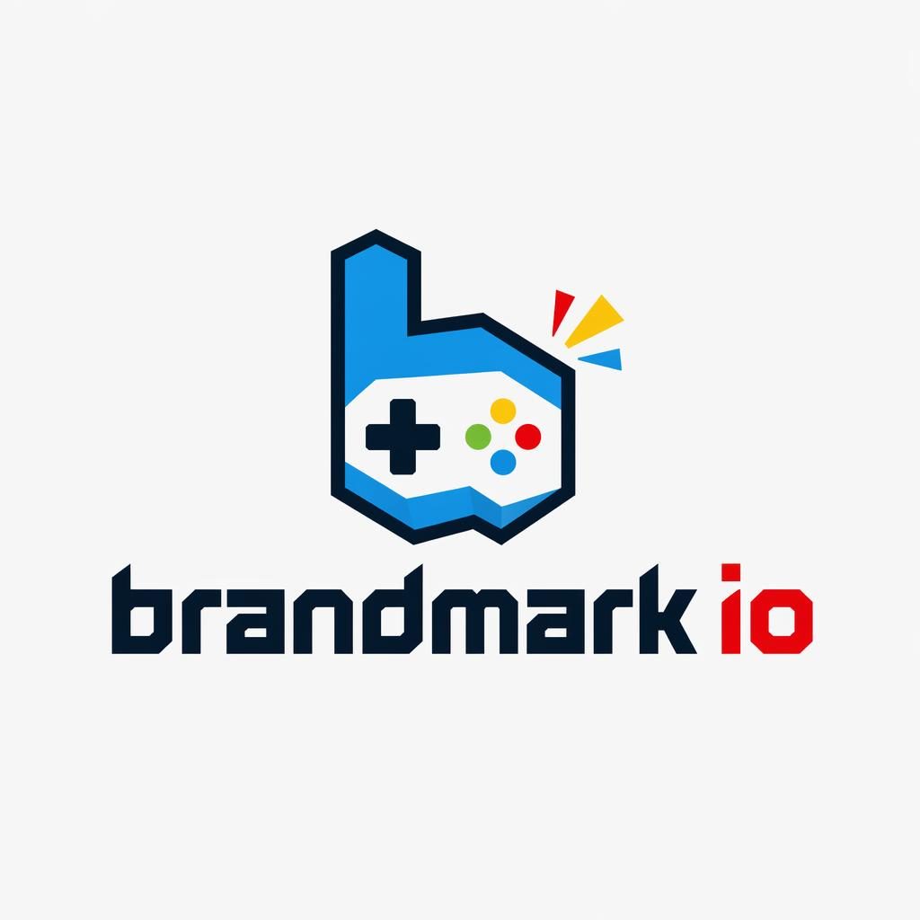 Centered industrial bold gaming logo concept with wordmark and icon, playful primary colors, on a neutral background.