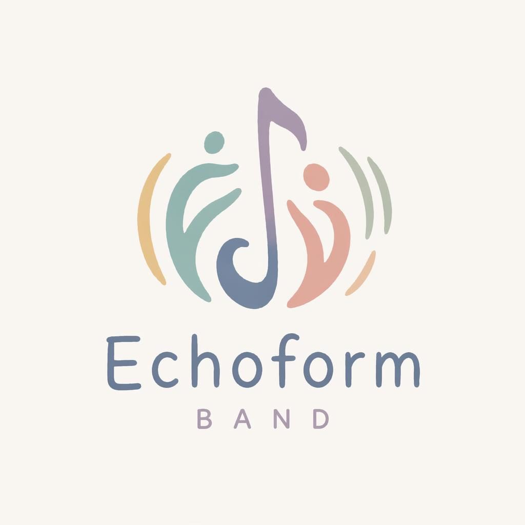 Centered abstract hand-drawn pastel symbol with matching brand typography on a neutral square background.