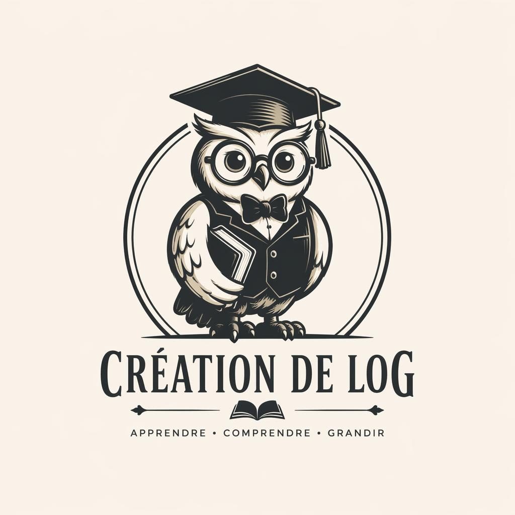 Logo mascotte vintage monochrome pour l’éducation, composition centrée sur fond neutre, style vectoriel élégant