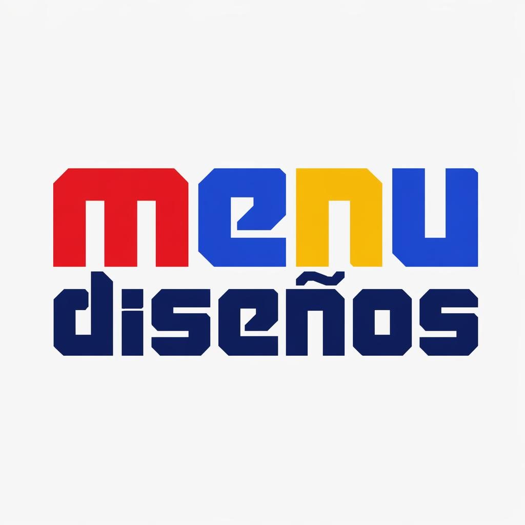Logotipo wordmark de menu diseños con tipografía industrial gruesa, colores primarios y fondo neutro centrado.