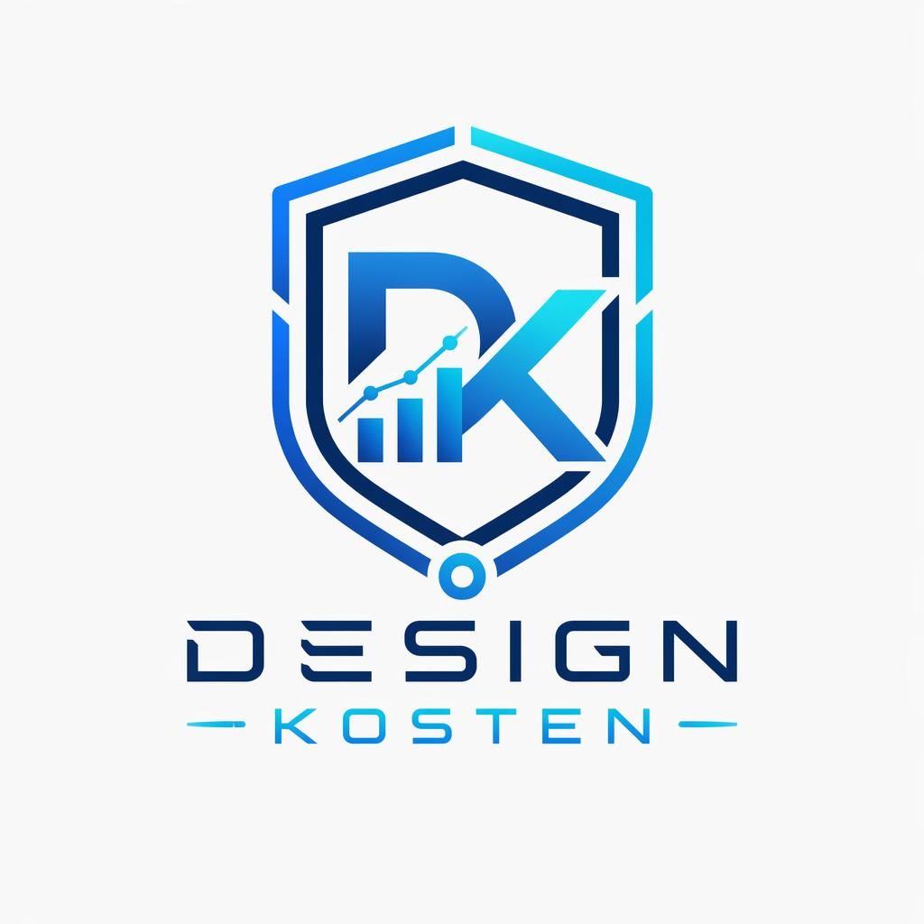 Zentriertes Emblem-Logo für design kosten in Blau und Cyan, futuristische Typografie auf neutralem Hintergrund