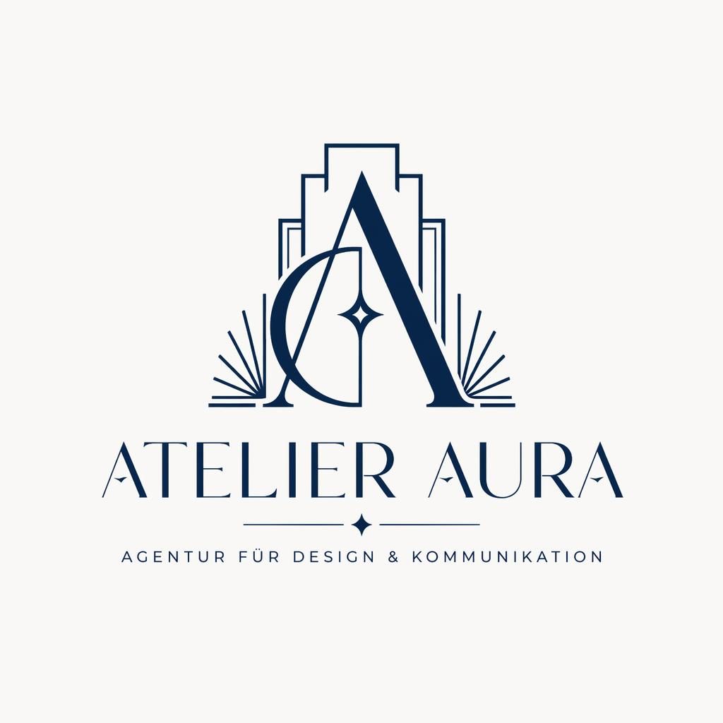 Zentriertes Agenturlogo als Wortmarke mit Icon im Art-Déco-Stil, navy-weiß, minimal auf neutralem Hintergrund.