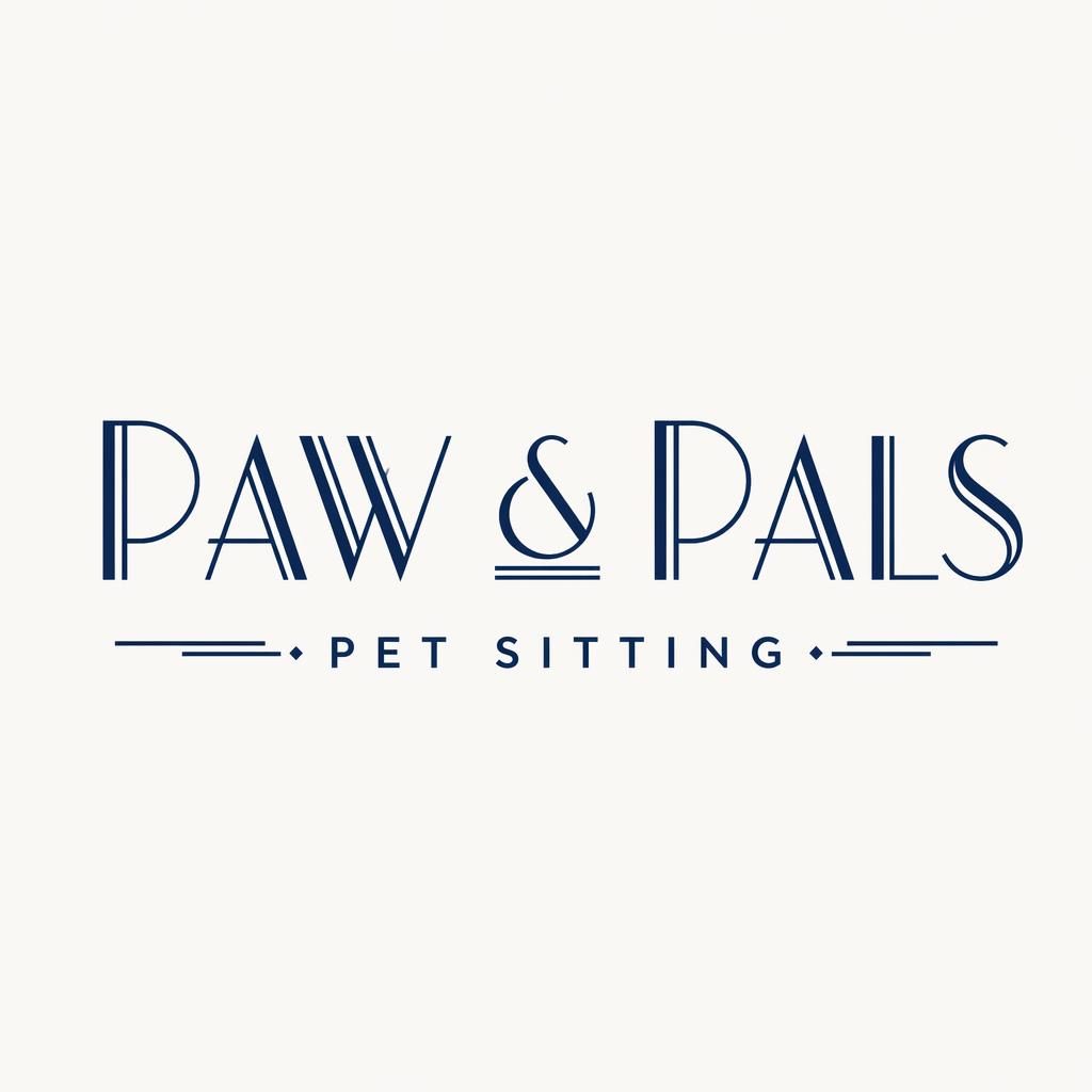 Centered navy and white art deco wordmark logo concept for a pet sitting non-profit on a neutral square background.