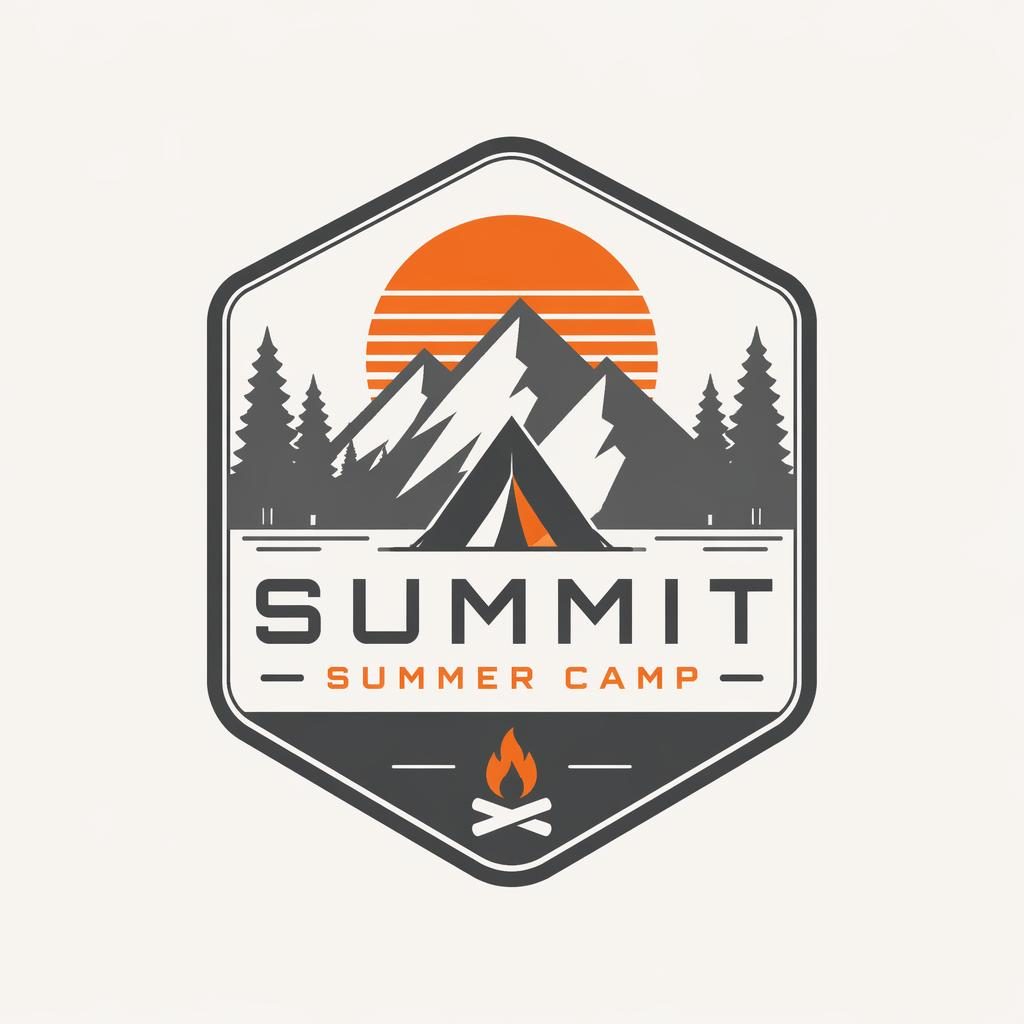 Centered minimalist luxury summer camp emblem logo in industrial gray and orange on a neutral background