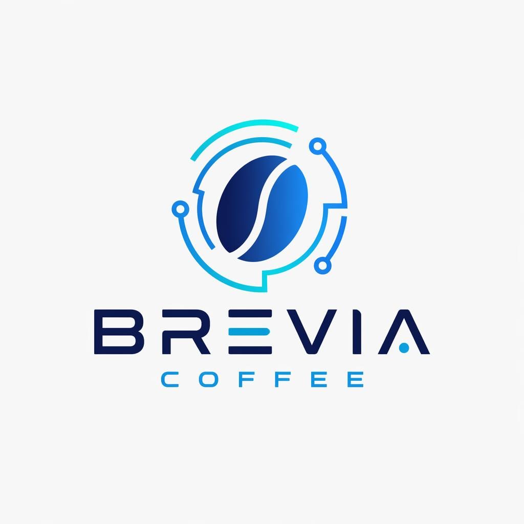 Centered vector logo concept with a coffee bean icon and matching futuristic wordmark in blue and cyan on a neutral background.