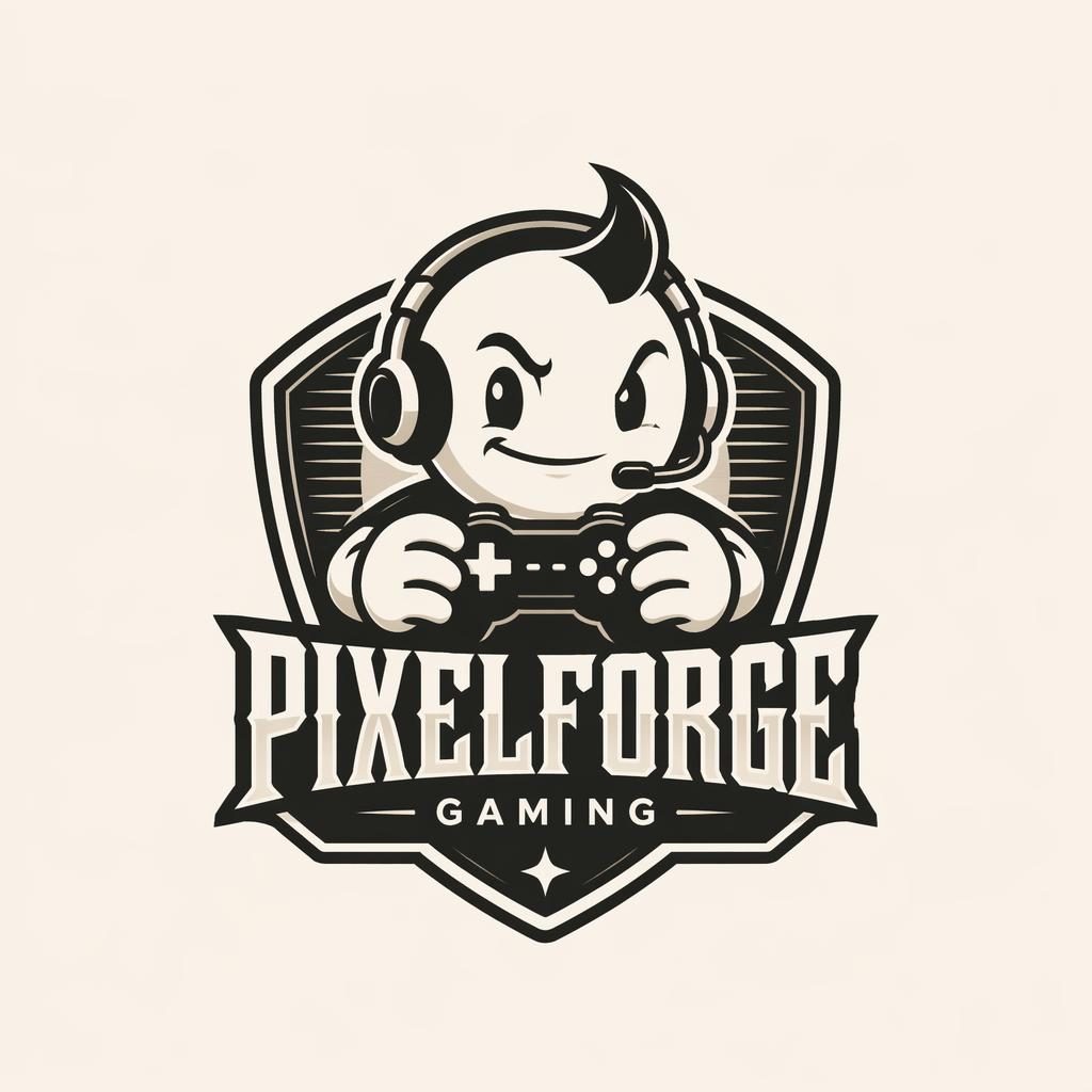Logotipo vectorial centrado con mascota de estilo retro para gaming, en paleta monocroma elegante y fondo neutro.