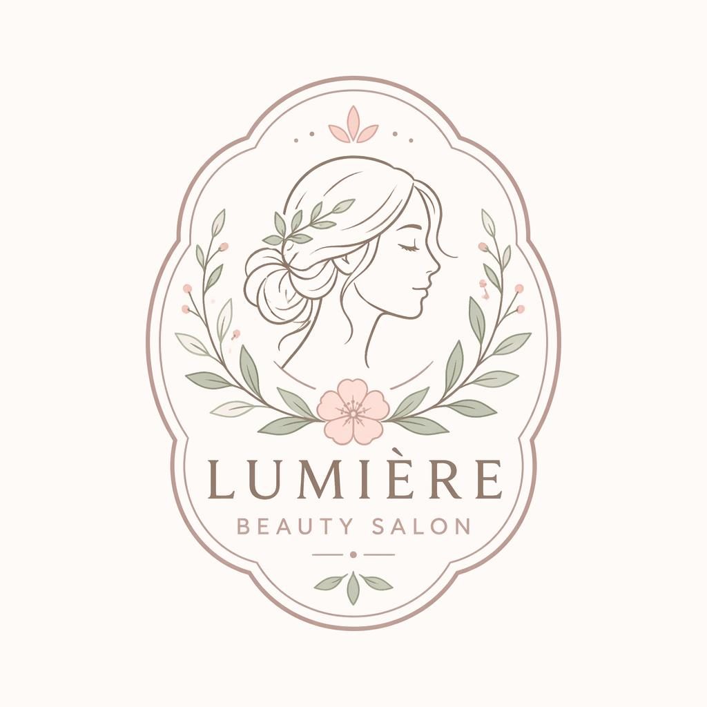 Hand-drawn emblem logo concept for a beauty salon in soft pastel colors, centered on a neutral background.