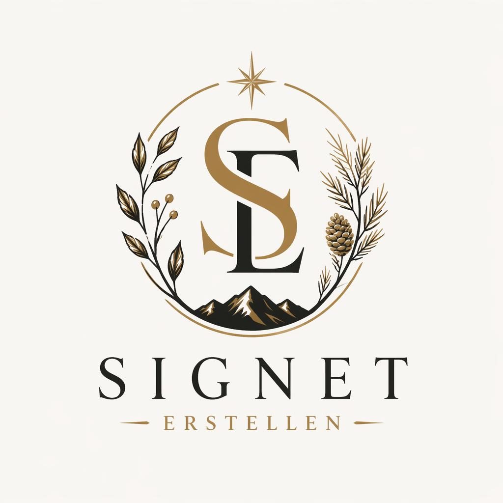 Zentriertes Lettermark-Logo in Schwarz und Gold mit botanischen Illustrationen auf neutralem Hintergrund