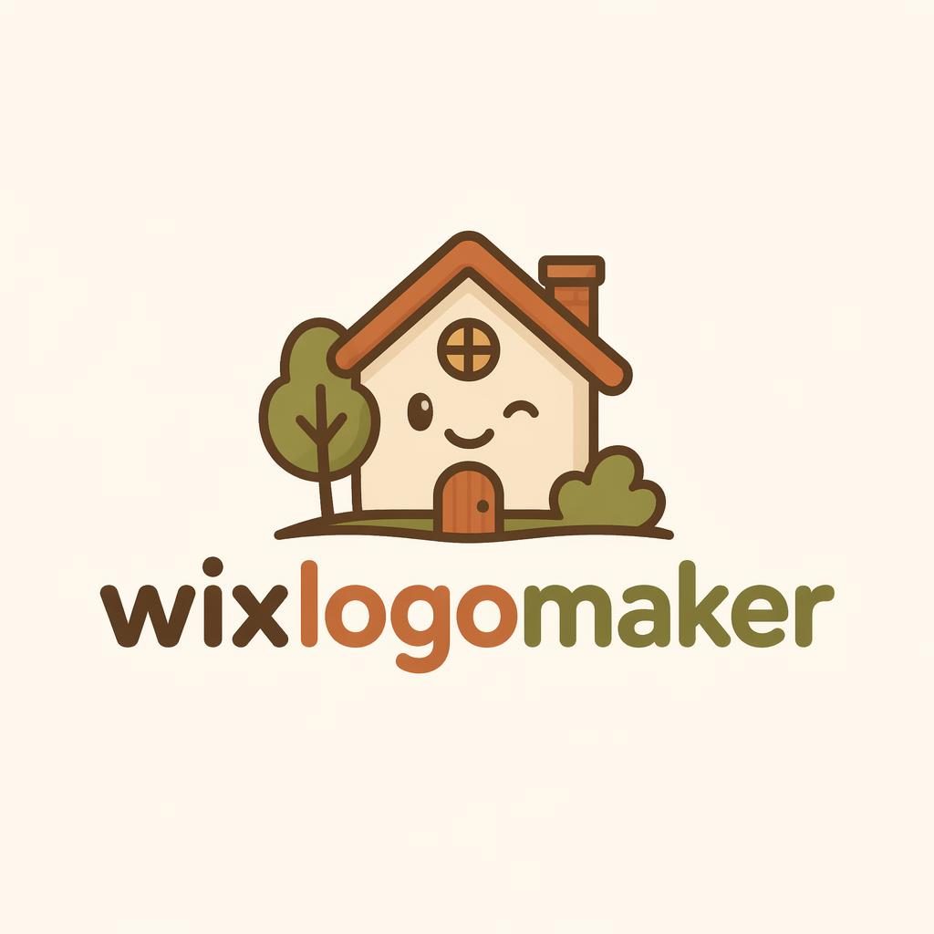 Centered vector logo concept for wixlogomaker with playful wordmark, small real estate icon, and warm earth tones.