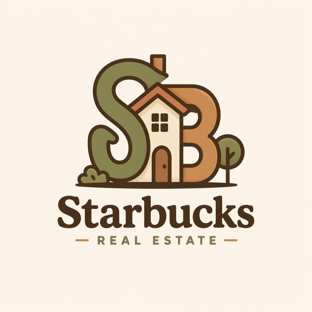 Centered monogram real estate logo concept in warm earth tones with playful cartoon styling on a neutral background.