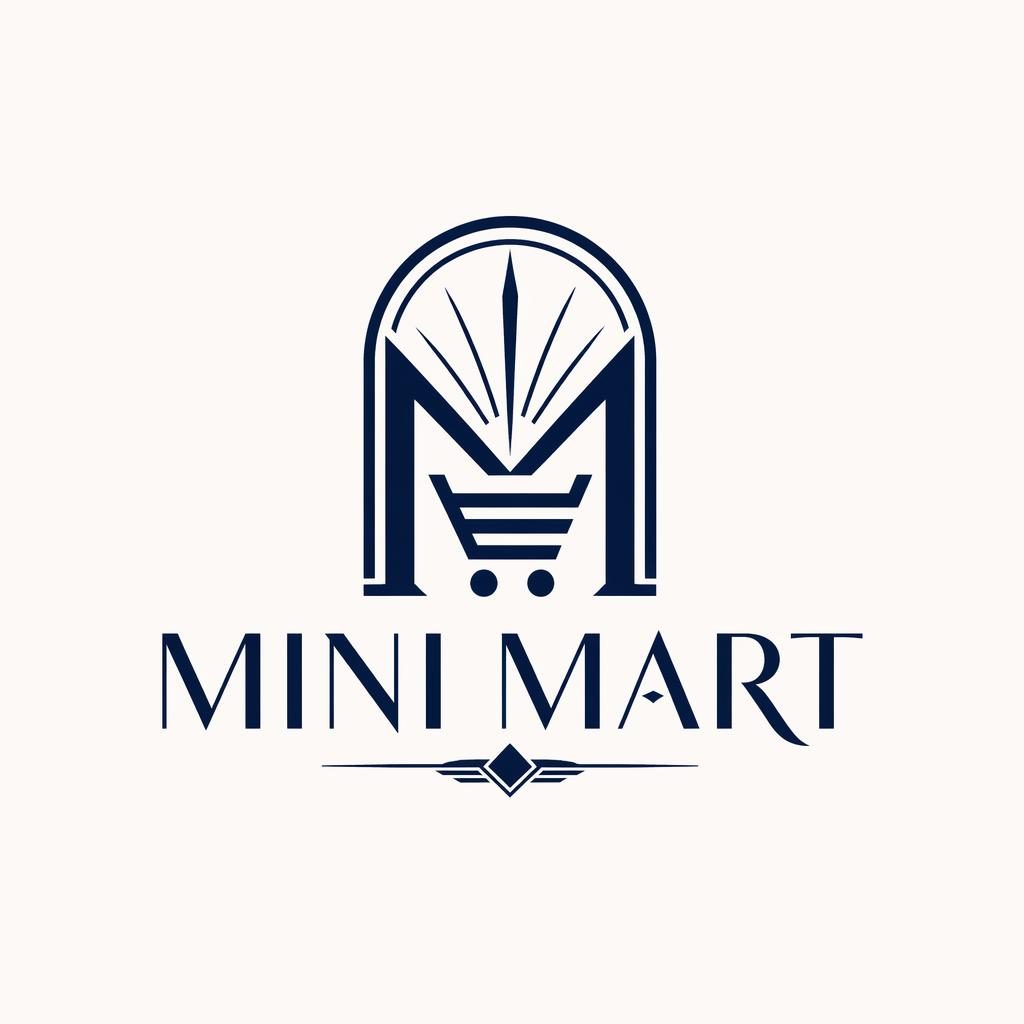 Centered vector logo concept for Mini Mart with wordmark and icon, art deco luxury styling in navy and white on neutral background.