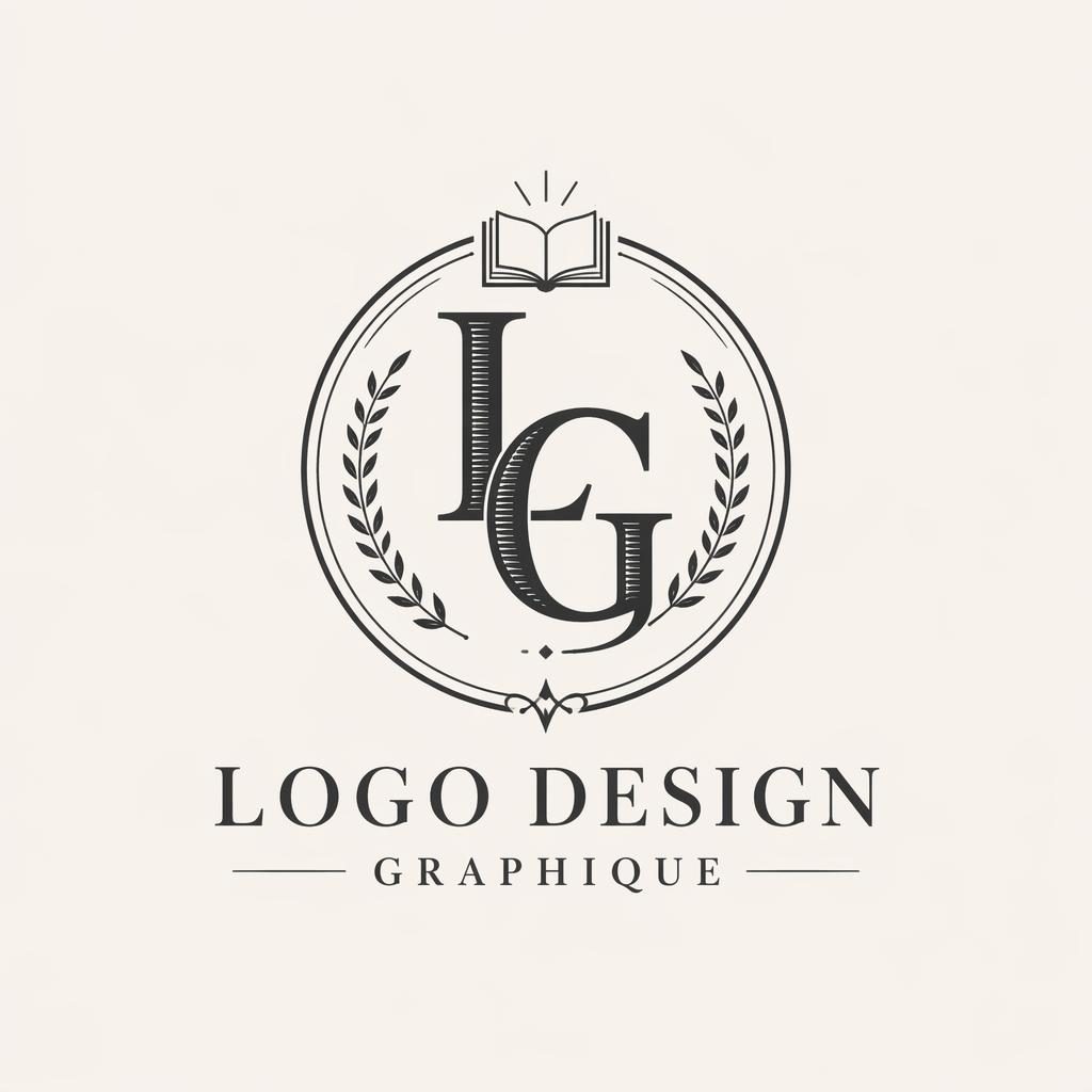 Concept de logo monogramme vintage monochrome pour l’éducation, centré sur fond neutre, style vectoriel élégant.