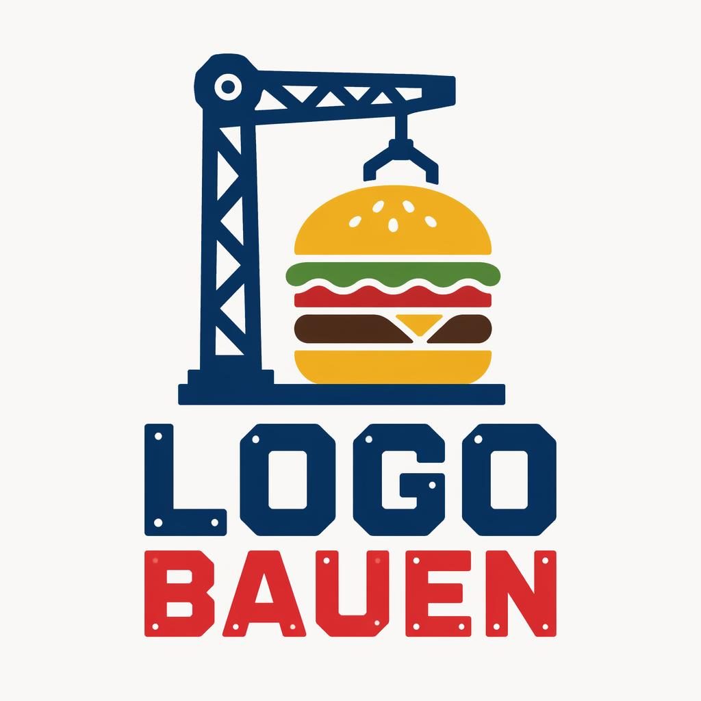 Zentriertes Restaurant-Logo mit Wortmarke und Icon, kräftige Primärfarben, industriell und verspielt auf neutralem Hintergrund.