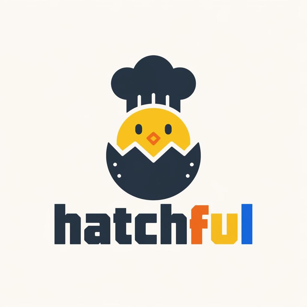 Centered square logo concept for Hatchful with bold wordmark and playful industrial icon on a neutral background.