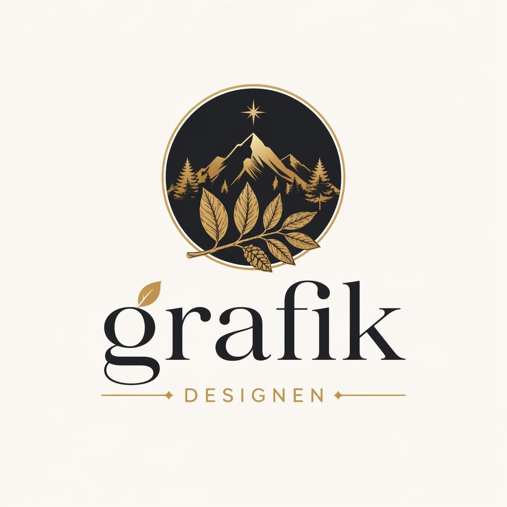 Zentriertes Wortmarken-Logo mit Icon, botanisch illustriert in Schwarz und Gold auf neutralem Hintergrund.