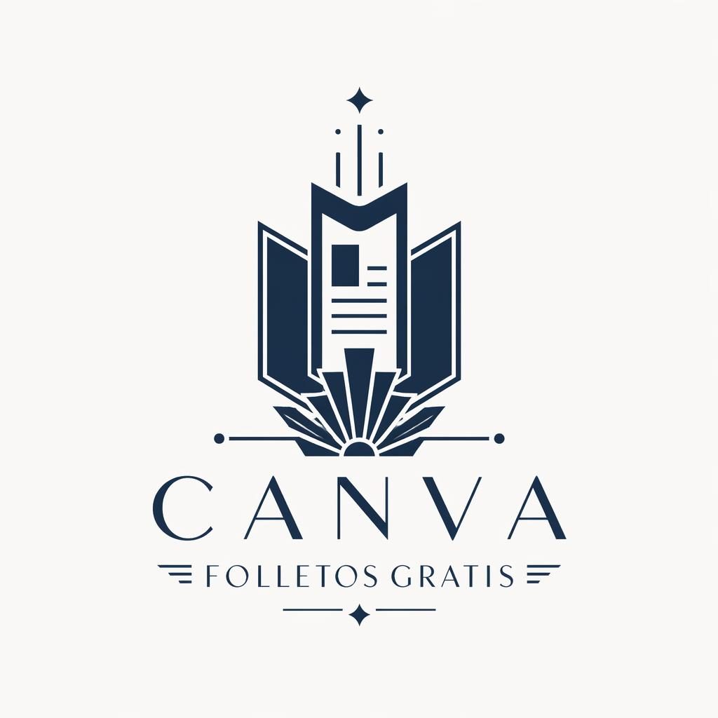 Logo abstracto centrado para canva folletos gratis, en azul marino y blanco, estilo art déco minimalista.