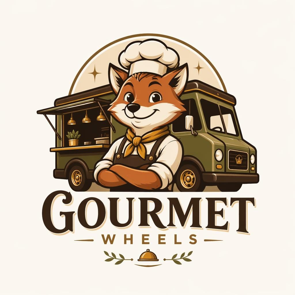 Centered vector mascot logo concept for a luxury food truck brand in playful cartoon style with warm earth tones
