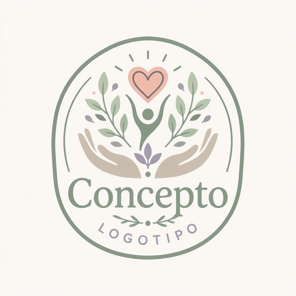 Emblema dibujado a mano en tonos pastel suaves para salud y bienestar, centrado sobre fondo neutro con texto de marca.