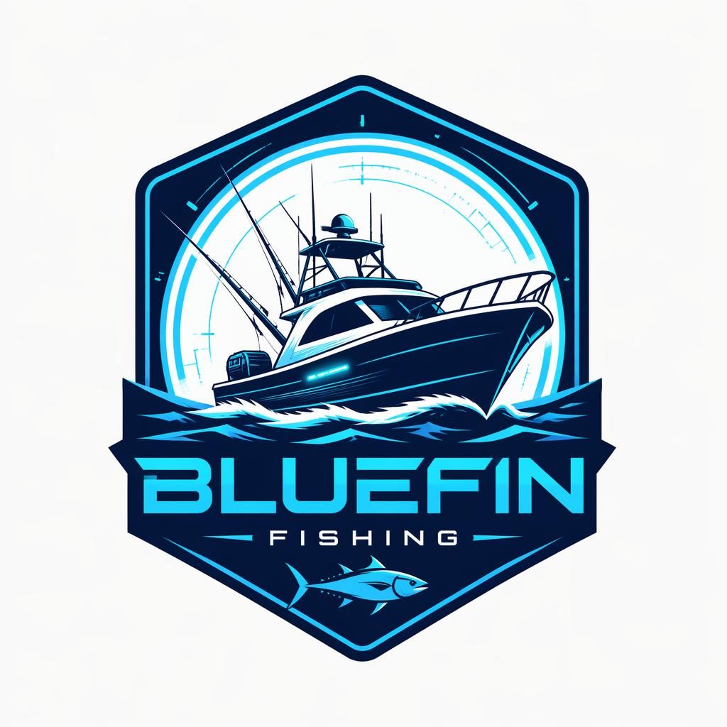 Centered vector emblem logo concept featuring a stylized fishing boat in blue and cyan on a neutral background.