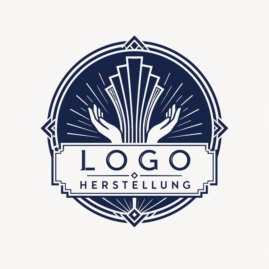 Zentriertes Art-Déco-Emblem-Logo in Navy und Weiß auf neutralem Hintergrund, mit passender Marken-Typografie