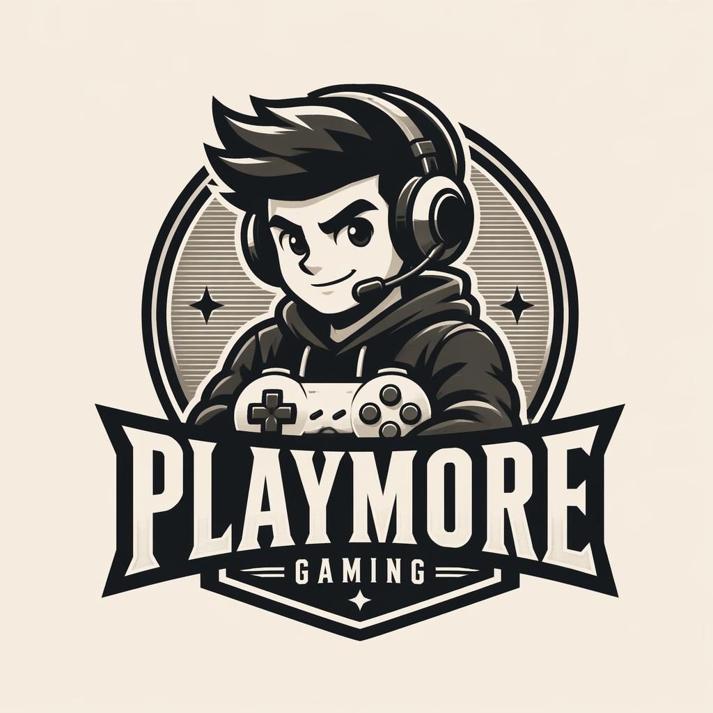 Centered vintage monochrome gaming mascot logo concept with matching brand text on a neutral square background.
