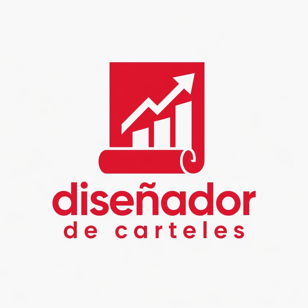 Logo vectorial centrado con icono y wordmark para diseñador de carteles, en rojo y blanco sobre fondo neutro.