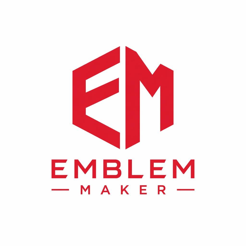 Centered geometric lettermark logo for Emblem Maker in bold red and white on a neutral square background.
