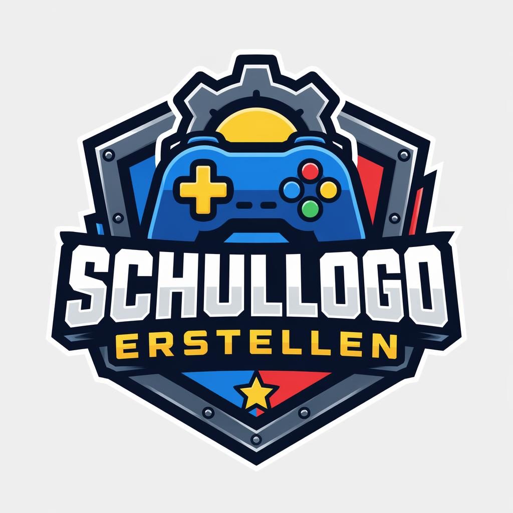 Zentriertes Gaming-Emblem mit industriell kräftiger Form, spielerischen Primärfarben und passender Typografie auf neutralem Hintergrund.