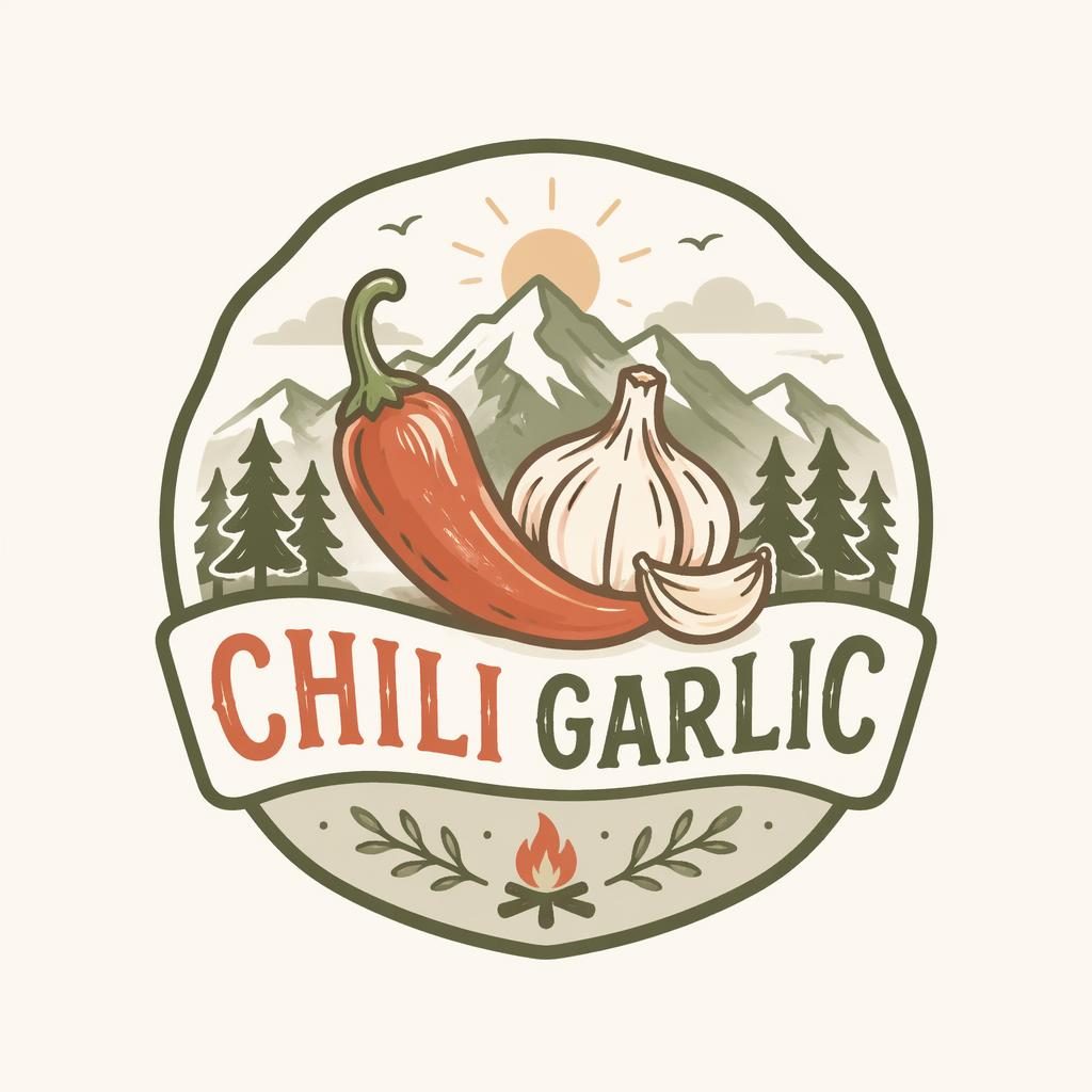 Hand-drawn emblem logo concept for chili garlic logo ideas, with organic badge styling, soft pastel colors, centered on neutral background.
