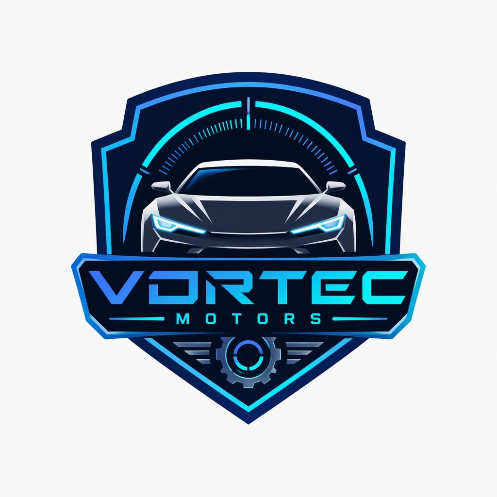 Emblema automotriz futurista en azul y cian, centrado sobre fondo neutro, con tipografía moderna y estilo vectorial limpio.