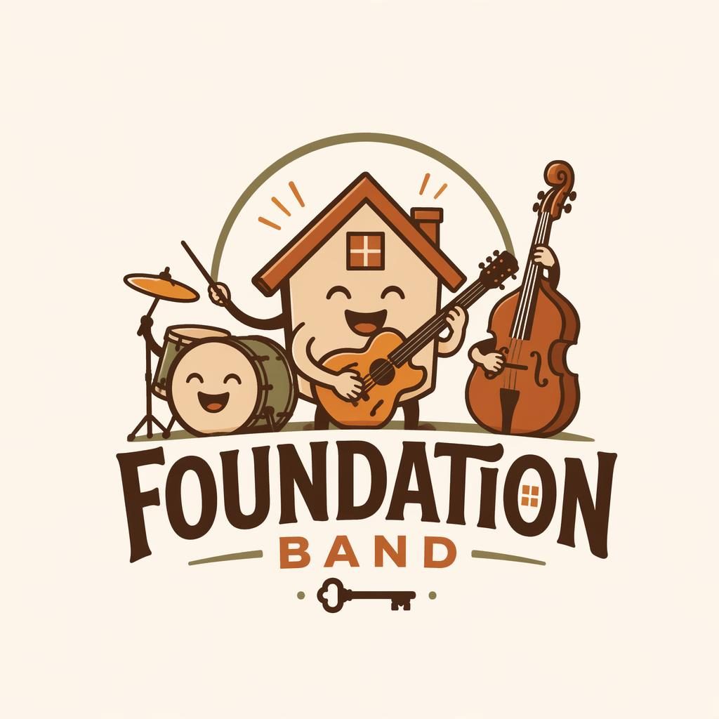 Centered vector wordmark logo with a playful cartoon icon, warm earth tones, on a neutral square background.